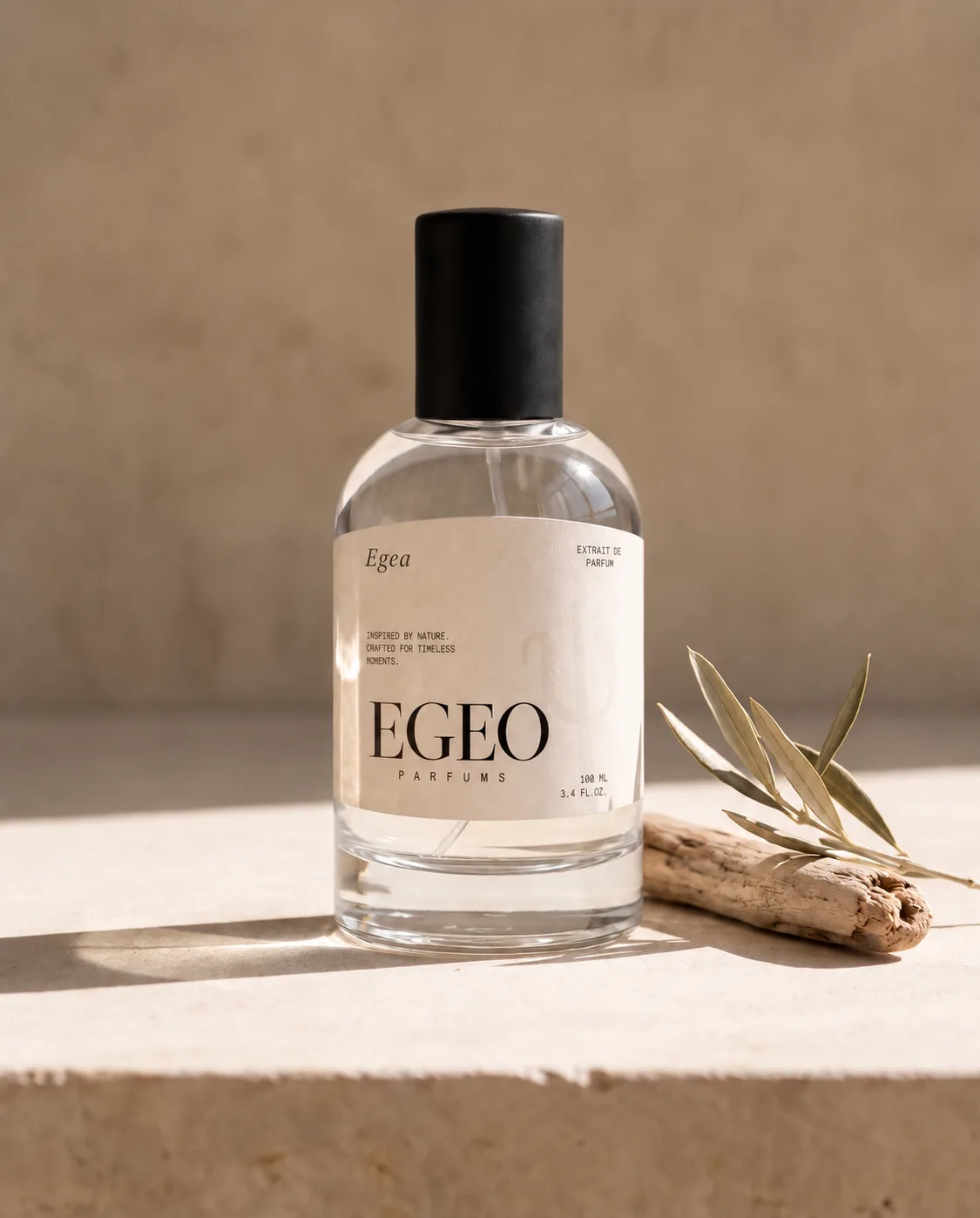 Frasco de Egea sobre piedra, con una rama de olivo